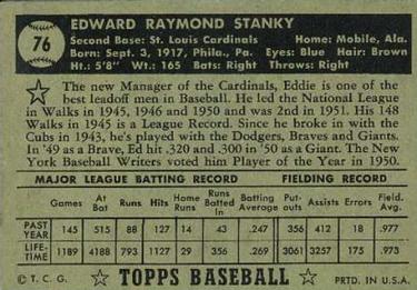 1952 Topps #76 Eddie Stanky Back
