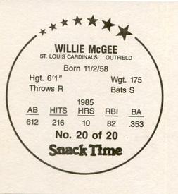1986 KAS St. Louis Cardinals Discs - Square Proofs #20 Willie McGee Back
