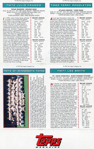 1992 Topps Magazine - Panels #TM 69-72 Terry Pendleton / Julio Franco / Lee Smith / Minnesota Twins '91 World Champs Back