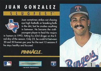 1993 Pinnacle - Slugfest #1 Juan Gonzalez Back