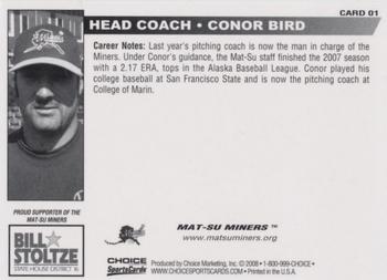 2008 Choice Mat-Su Miners #01 Conor Bird Back