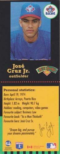 1998 Hit the Books Bookmarks Toronto Blue Jays #NNO José Cruz Jr. Front