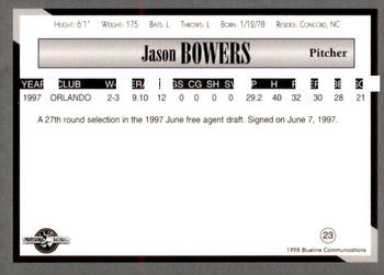 1998 Blueline Q-Cards Danville Braves #23 Jason Bowers Back