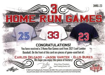 2021 Leaf Lumber - 3 Home Run Games Relics Purple #3HRG-23 Carlos Delgado / Jason Varitek / Ellis Burks Back