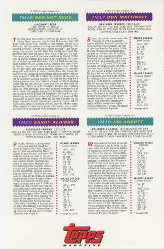 1990 Topps Magazine - Uncut Sheets #TM17-TM20 Don Mattingly / Eric Davis / Barry Larkin / Chris Sabo / Jim Abbott / Sandy Alomar Back