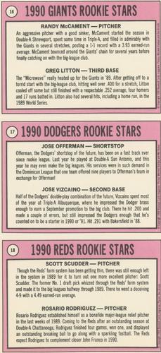 1990 Baseball Cards Magazine '69 Topps Repli-Cards - Panels #16-18 Giants Rookies (Randy McCament / Greg Litton) / Dodgers Rookies (Jose Offerman / Jose Vizcaino) / Reds Rookies (Scott Scudder / Rosario Rodriguez) Back