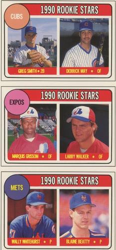 1990 Baseball Cards Magazine '69 Topps Repli-Cards - Panels #34-36 Cubs Rookies (Greg Smith / Derrick May) / Expos Rookies (Marquis Grissom / Larry Walker) / Mets Rookies (Wally Whitehurst / Blaine Beatty) Front