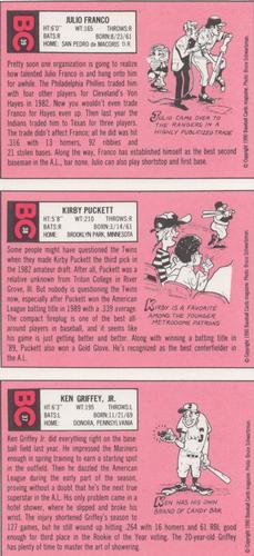 1990 Baseball Cards Magazine '69 Topps Repli-Cards - Panels #37-39 Ken Griffey Jr. / Kirby Puckett / Julio Franco Back