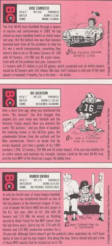 1990 Baseball Cards Magazine '69 Topps Repli-Cards - Panels #40-42 Ruben Sierra / Bo Jackson / Jose Canseco Back