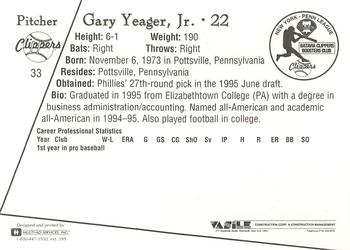 1995 Batavia Clippers #33 Gary Yeager, Jr Back