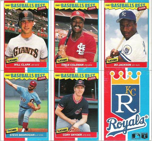 1987 Fleer Baseball's Best Sluggers vs. Pitchers - Box Bottom Panel #M1-M6 Will Clark / Vince Coleman / Bo Jackson / Steve Bedrosian / Cory Snyder / Kansas City Royals Logo Front