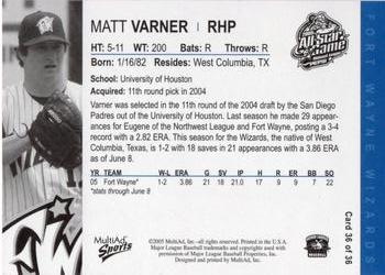 2005 MultiAd Midwest League All-Stars Eastern Division #36 Matt Varner Back