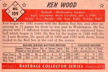 1953 Bowman Color #109 Ken Wood Back