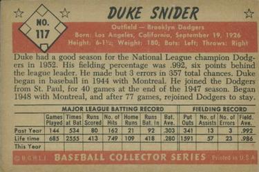1953 Bowman Color #117 Duke Snider Back