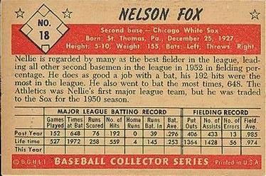 1953 Bowman Color #18 Nelson Fox Back