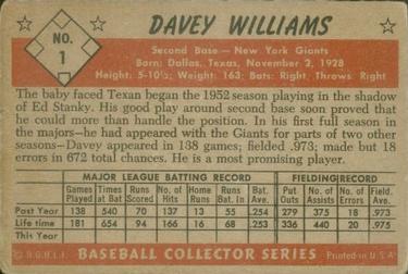 1953 Bowman Color #1 Davey Williams Back