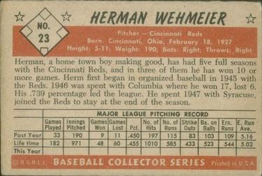 1953 Bowman Color #23 Herman Wehmeier Back
