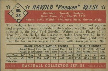 1953 Bowman Color #33 Pee Wee Reese Back