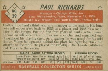 1953 Bowman Color #39 Paul Richards Back