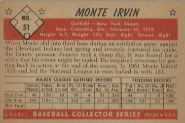 1953 Bowman Color #51 Monte Irvin Back