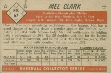 1953 Bowman Color #67 Mel Clark Back