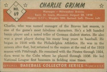 1953 Bowman Color #69 Charlie Grimm Back