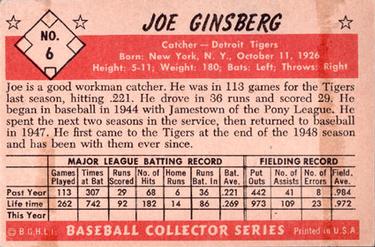 1953 Bowman Color #6 Joe Ginsberg Back