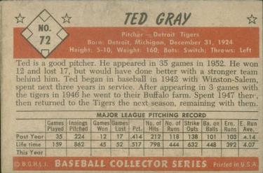 1953 Bowman Color #72 Ted Gray Back