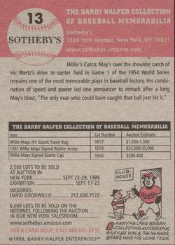 1999 Sotheby's Barry Halper Collection of Baseball Memorabilia #13 Willie Mays Back
