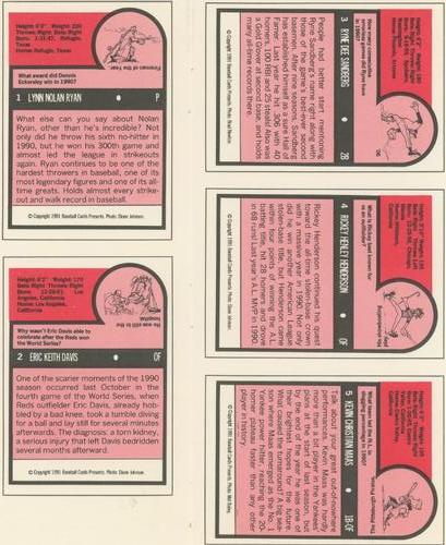 1991 Baseball Cards Presents Superstar and Rookie Special Repli-Cards - Panels #1-5 Nolan Ryan / Eric Davis / Ryne Sandberg / Rickey Henderson / Kevin Maas Back