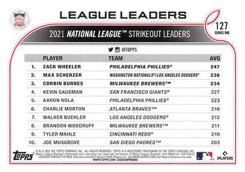 2022 Topps #127 NL Strikeout Leaders (Zack Wheeler / Max Scherzer / Corbin Burnes) Back