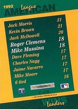 1993 Score - Select Stat Leaders #87 Roger Clemens / Mike Mussina Back