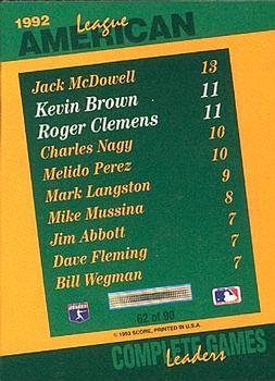 1993 Score - Select Stat Leaders #62 Kevin Brown / Roger Clemens Back