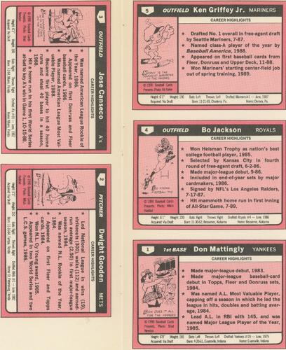 1990 Baseball Cards Presents Baseball Card Boom Repli-cards - Panels #1-5 Don Mattingly / Dwight Gooden / Jose Canseco / Bo Jackson / Ken Griffey Jr. Back