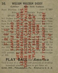 1939 Play Ball - Samples #30 Bill Dickey Back