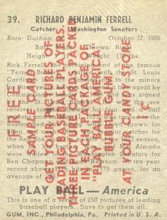 1939 Play Ball - Samples #39 Rick Ferrell Back
