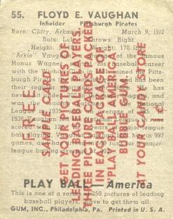 1939 Play Ball - Samples #55 Arky Vaughan Back
