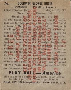 1939 Play Ball - Samples #76 Goodwin Rosen Back