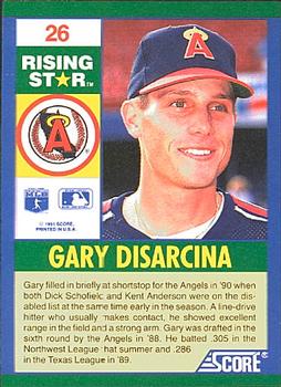 1991 Score 100 Rising Stars #26 Gary DiSarcina Back