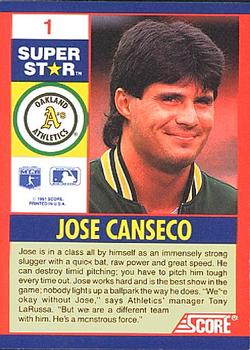 1991 Score 100 Superstars #1 Jose Canseco Back