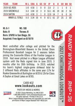 2021 Choice Chattanooga Lookouts #32 Randy Wynne Back