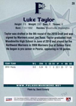 2011 Choice Pulaski Mariners #28 Luke Taylor Back