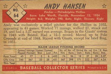 1953 Bowman Black & White #64 Andy Hansen Back
