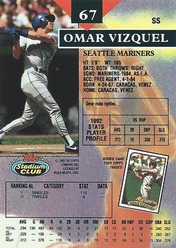 1993 Stadium Club #67 Omar Vizquel Back