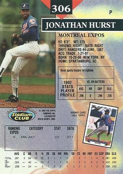 1993 Stadium Club #306 Jonathan Hurst Back