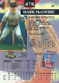 1993 Stadium Club #478 Mark McGwire Back