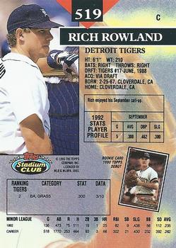 1993 Stadium Club #519 Rich Rowland Back