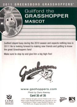 2011 MultiAd Greensboro Grasshoppers SGA #35 Guilford the Grasshopper Back