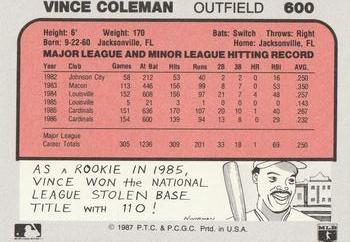 1987 Swell Prototypes #600 Vince Coleman Back