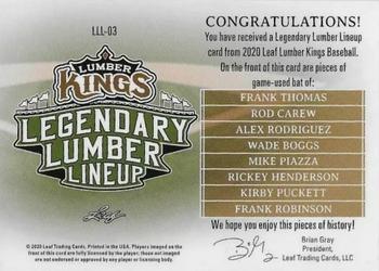 2020 Leaf Lumber Kings - Legendary Lumber Lineup Relics Bronze #LLL-03 Frank Thomas / Rod Carew / Alex Rodriguez / Wade Boggs / Mike Piazza / Rickey Henderson / Kirby Puckett / Frank Robinson Back